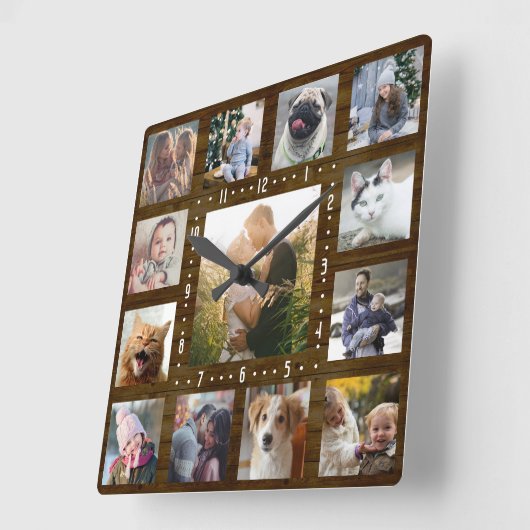 ファミリーフォトコラージョ素朴ンハウスウッド13写真 スクエア壁時計 (傾斜)