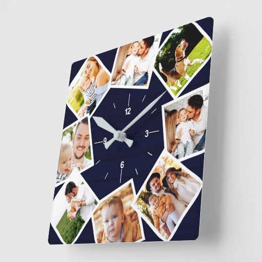 ファミリーフォトコラージョ素朴ンハウスダークブルー スクエア壁時計 (傾斜)