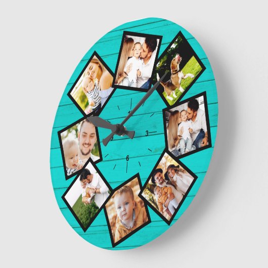 ファミリーフォトコラージョ素朴ンファームハウスティール(緑がかった色) ラージ壁時計 (傾斜)