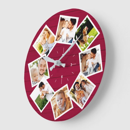 ファミリーフォトコラージョ素朴ンファームハウスレッド ラージ壁時計 (傾斜)
