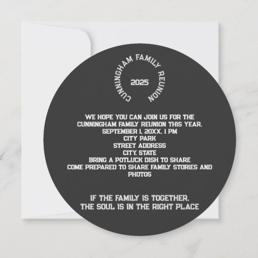 ファミリーフォトサークルと引用文付きツリースライス 招待状 (裏面)