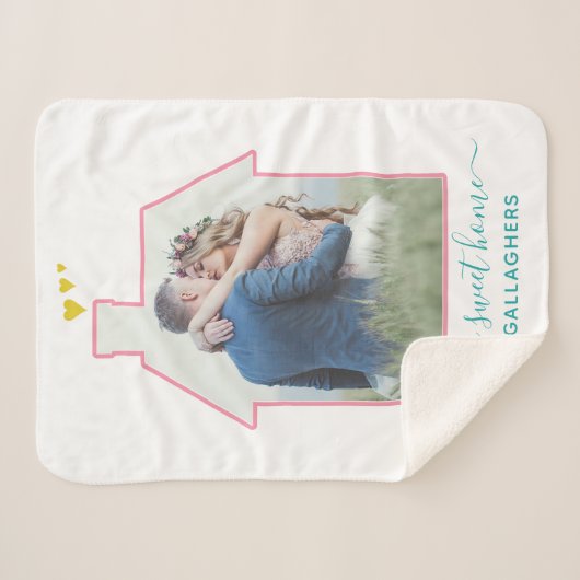 ファミリーフォトハウスシェイプ結婚引っ越し祝いパーティーズカワイイ シェルパブランケット (正面(横))