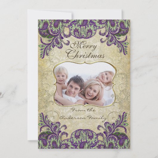 ファミリーフォトパープル&グリーンピーコッククリスマスカード シーズンカード (正面)