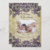 ファミリーフォトパープル&グリーンピーコッククリスマスカード シーズンカード (正面/裏面)
