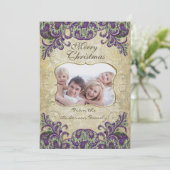 ファミリーフォトパープル&グリーンピーコッククリスマスカード シーズンカード (スタンド正面)