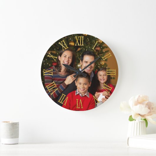ファミリーフォトフェイク金ゴールドグリッターローマ数字 ラージ壁時計 (ホーム)