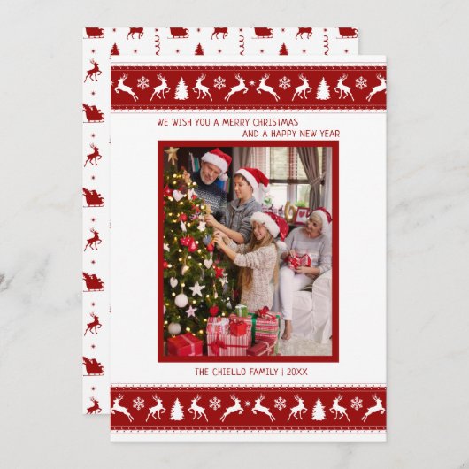 ファミリーフォトレッドホワイトトナカイのホリデーカード シーズンカード (正面/裏面)
