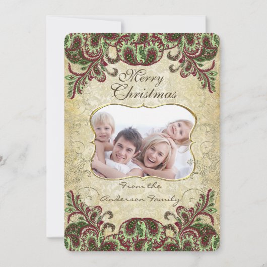 ファミリーフォトワイン&グリーンピーコッククリスマスカード シーズンカード (正面)