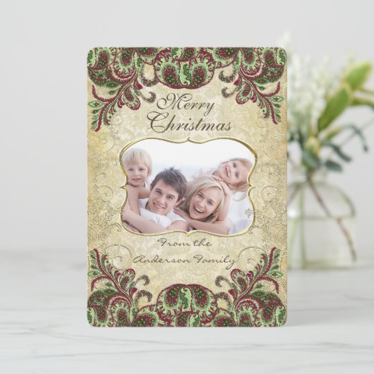 ファミリーフォトワイン&グリーンピーコッククリスマスカード シーズンカード (スタンド正面)