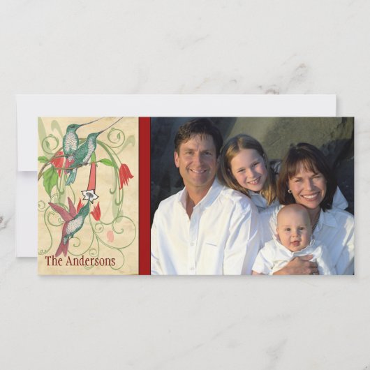 ファミリーフォトヴィンテージハミングバードハッピーホリデー シーズンカード (正面)