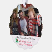ファミリーフォト名前をカスタムするクリスマスレッド&グリーン オーナメントカード (左)