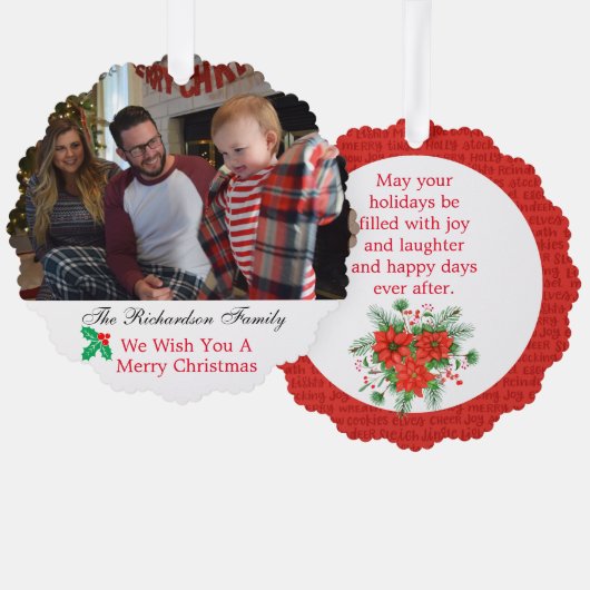 ファミリーフォト名前をカスタムするクリスマスレッド&グリーン オーナメントカード (正面/裏面)
