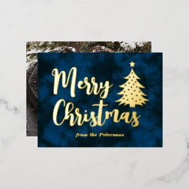 ファミリーフォト メリークリスマス ツリー ブルー ゴールド 箔シーズンポストカード