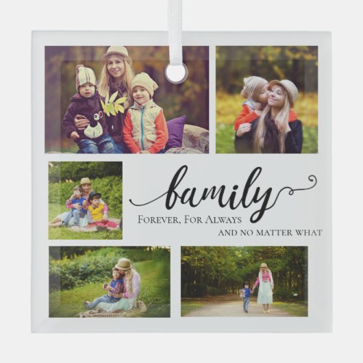 ファミリーフォーエバー5フォトコラージュ引用文スウィート ガラスオーナメント (正面)
