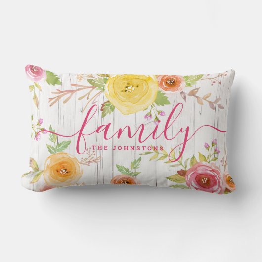 ファミリーフローラ水色ピンクのスクリプト素朴な木 ランバークッション (正面)
