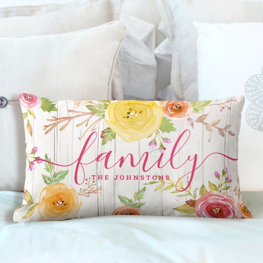 ファミリーフローラ水色ピンクのスクリプト素朴な木 ランバークッション