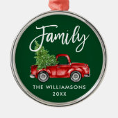 ファミリーブラシスクリプトヴィンテージレッドトラックグリーン メタルオーナメント (正面)