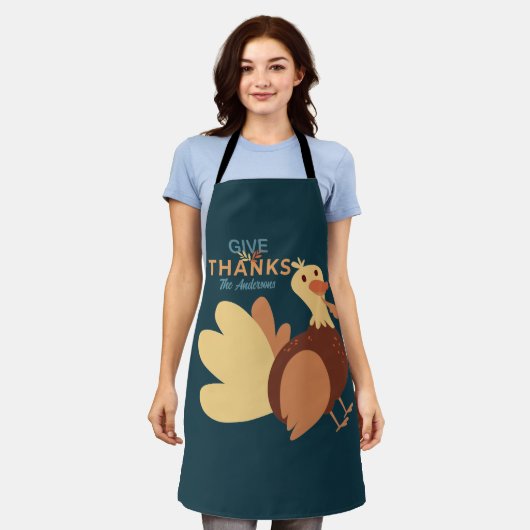 ファミリーブルー&ブラウン与え感謝してい引用文トルコ秋 エプロン (着用した状態)