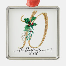 ファミリーホリークリスマス金ゴールドグリッターモノグラムD メタルオーナメント