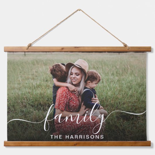 ファミリーホワイトスクリプトフォトオーバーレイ 吊り下げ型タペストリー (正面)