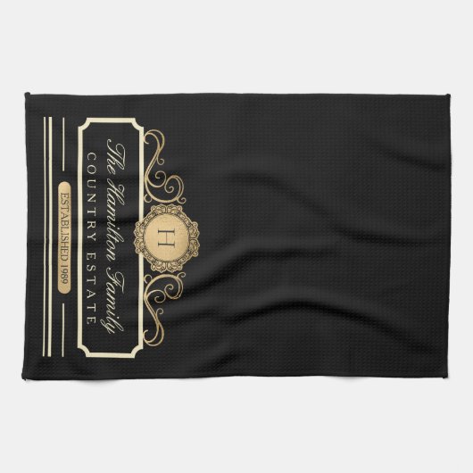 ファミリーホームエレガントモノグラム金ゴールドブラックキッチン キッチンタオル (横)