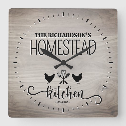 ファミリーホームステパーソナライズされたッド素朴ウッド スクエア壁時計 (正面)