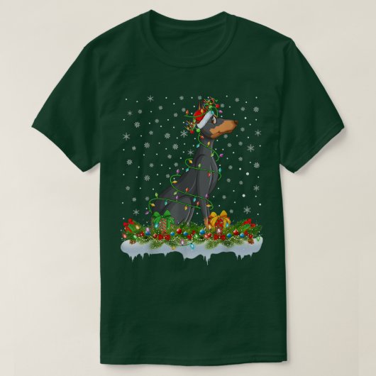 ファミリーマッチングクリスマス照明サンタドバーマンドッグC Tシャツ (デザイン正面)