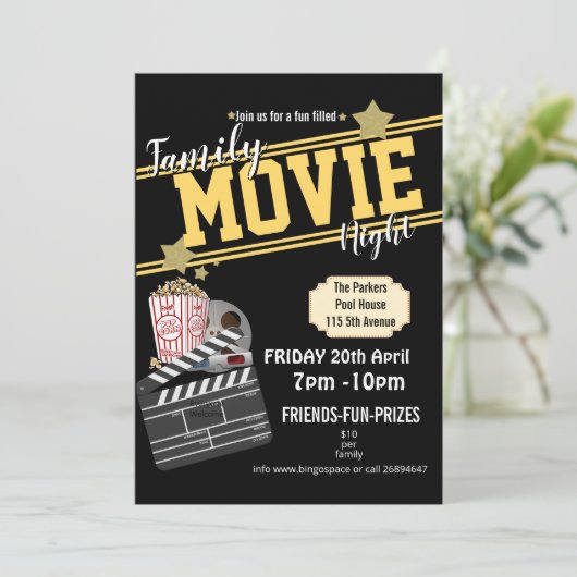 ファミリームービーナイト、映画パーティーPTAイベントPTO 招待状 (スタンド正面)