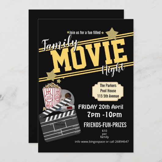 ファミリームービーナイト、映画パーティーPTAイベントPTO 招待状 (正面/裏面)