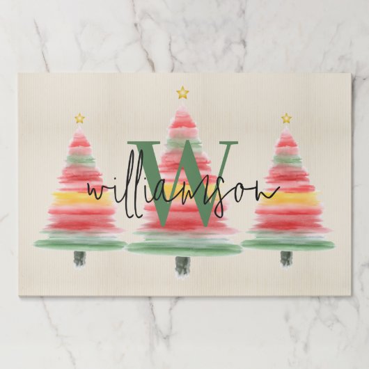 ファミリーモノグラムウォーターカラークリスマスツリーランチョンマット ペーパーパッド (正面)