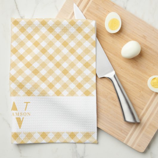 ファミリーモノグラムサニーイエロープレイドシックファームハウス キッチンタオル (四つ折り)