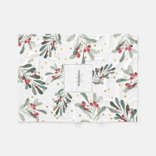 ファミリーモノグラムモダンシック冬ホワイトボタニカル フリースブランケット (正面(横))