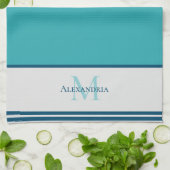 ファミリーモノグラムモダンティール(緑がかった色)ブルー キッチンタオル (折り畳み)