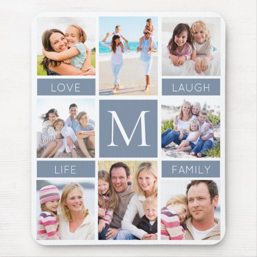 ファミリーモノグラム写真コラージュダスティブルー マウスパッド (正面)