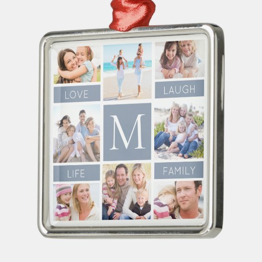 ファミリーモノグラム写真コラージュダスティブルー メタルオーナメント (左)