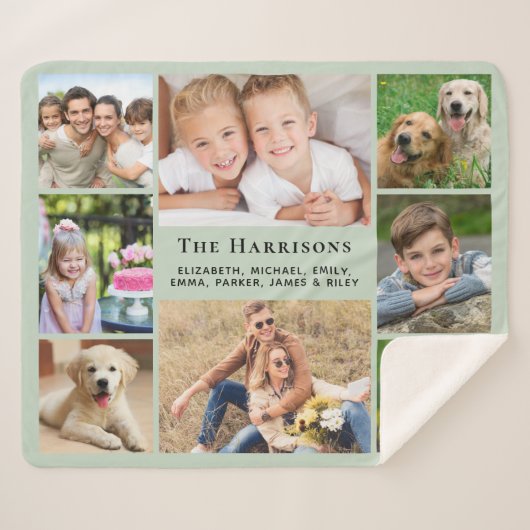 ファミリーモノグラム名8 Photo Collage Sage Green シェルパブランケット (正面(横))