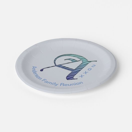 ファミリーユニーク懇親会ブルーレターモノグラム ペーパープレート (アングル)