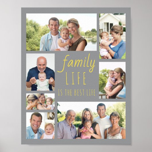 ファミリーライフ引用文グレーとイエローフォトコラージュ ポスター (正面)