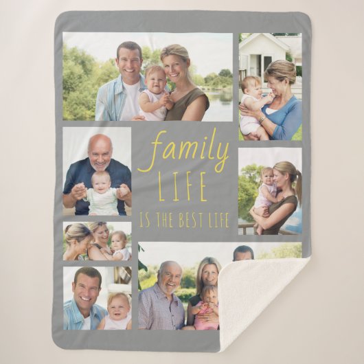 ファミリーライフ引用文グレーと黄色数々の写真 シェルパブランケット (正面)