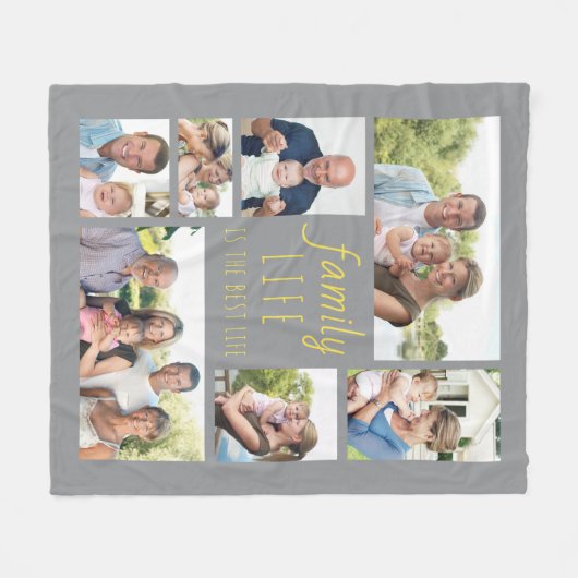 ファミリーライフ引用文グレーと黄色7枚の写真 フリースブランケット (正面(横))