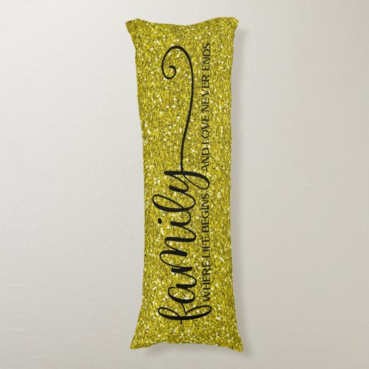 ファミリーラブネバーエンド引用文金ゴールドグリッターブラック ボディピロー (正面縦)