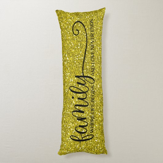 ファミリーラブネバーエンド引用文金ゴールドグリッターブラック ボディピロー (裏面 (縦))