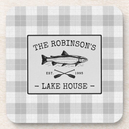 ファミリーレイクハウスオアーズフィッシュ素朴ホワイトプレイド コースター (正面)