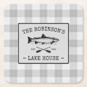 ファミリーレイクハウスオアーズフィッシュ素朴ホワイトプレイド スクエアペーパーコースター (正面)