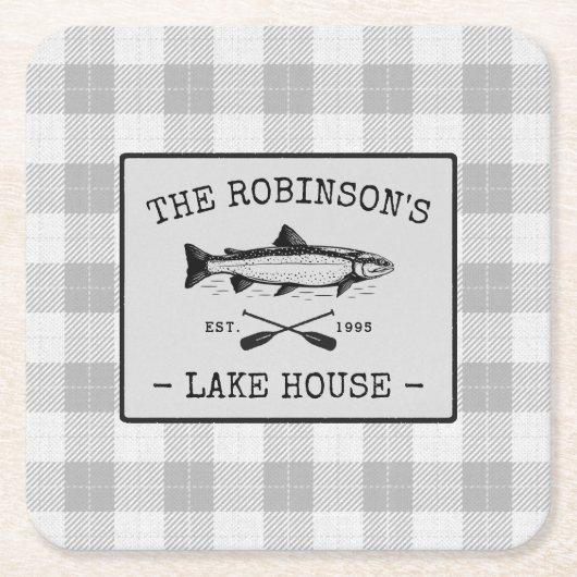 ファミリーレイクハウスオアーズフィッシュ素朴ホワイトプレイド スクエアペーパーコースター (正面)