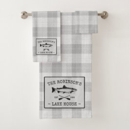ファミリーレイクハウスオアーズフィッシュ素朴ホワイトプレイド バスタオルセット
