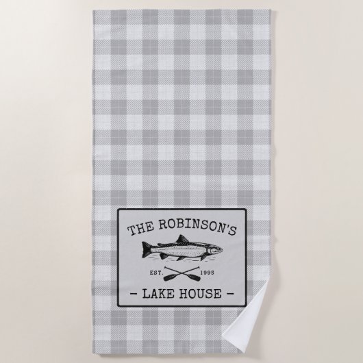 ファミリーレイクハウスオアーズフィッシュ素朴ホワイトプレイド ビーチタオル (正面)
