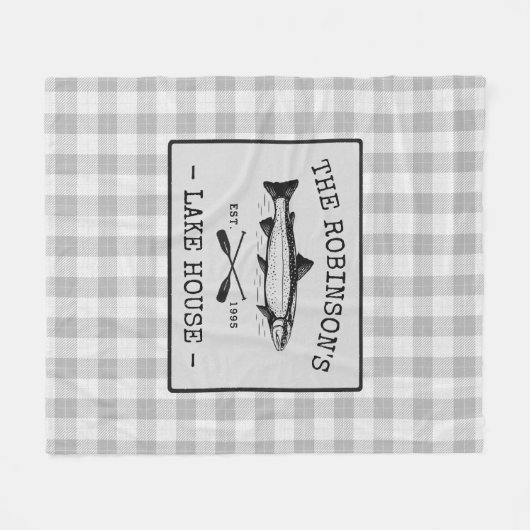 ファミリーレイクハウスオアーズフィッシュ素朴ホワイトプレイド フリースブランケット (正面(横))
