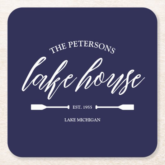 ファミリーレイクハウスコースト航海のネイビーブルーオール スクエアペーパーコースター (正面)