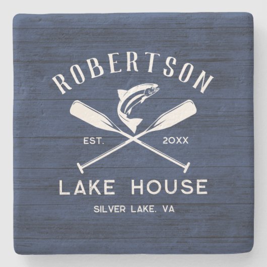 ファミリーレイクハウス素朴ネイビーブルーウッド ストーンコースター (正面)